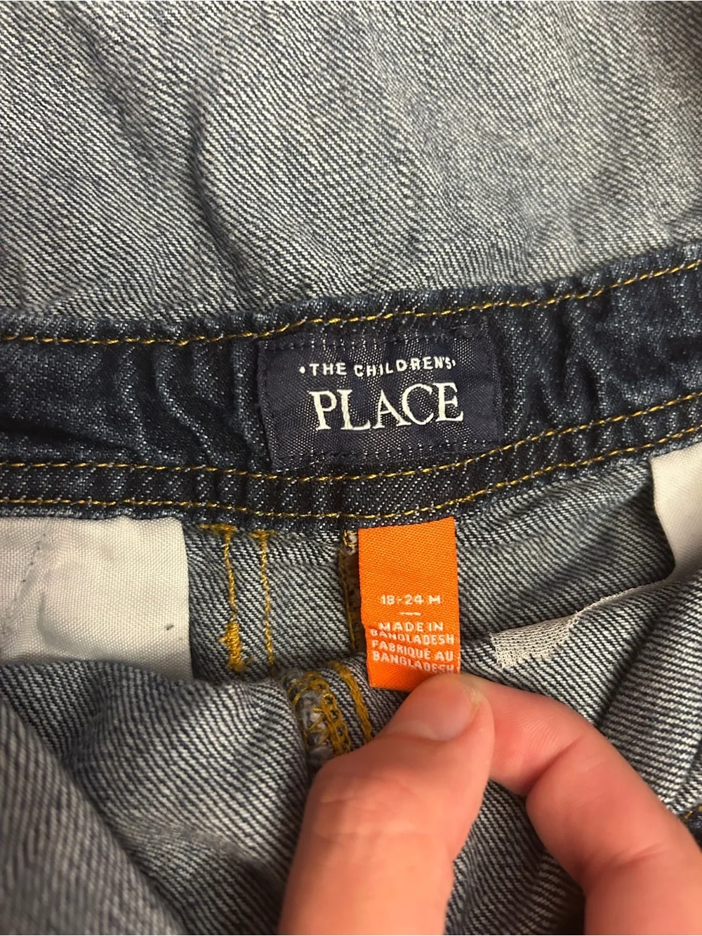 The Children's Place Denim Short Overalls with Green Dino Patch
